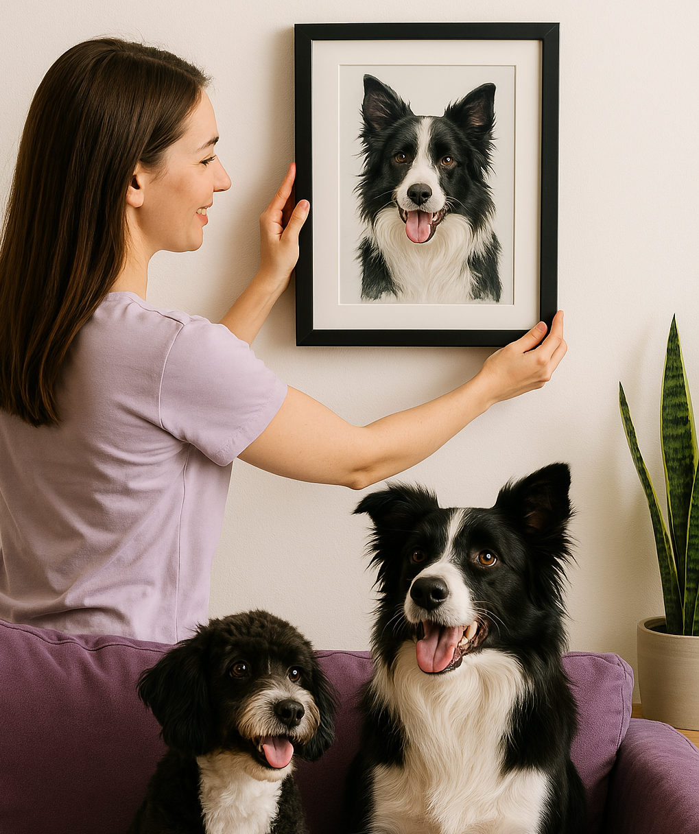 Framed dog portrait hanging on wall